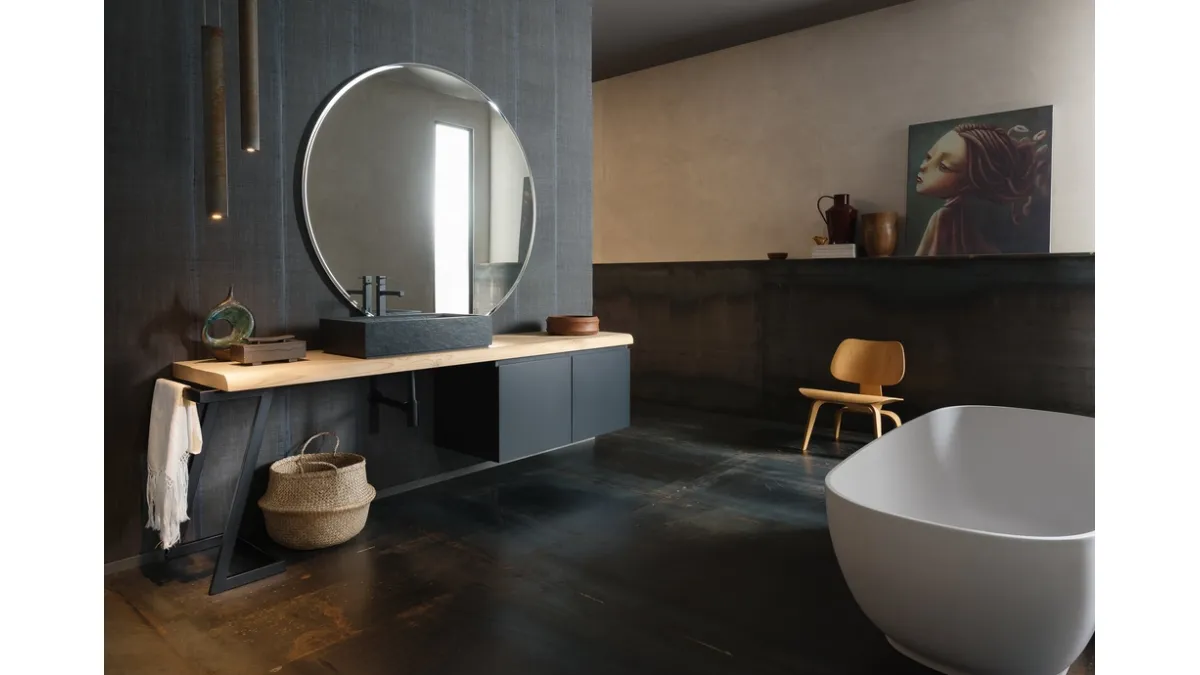 Mobile Bagno da appoggio in laccato opaco nero con piano in legno e lavabo in gres INK PRESTIGE NK21 di Compab