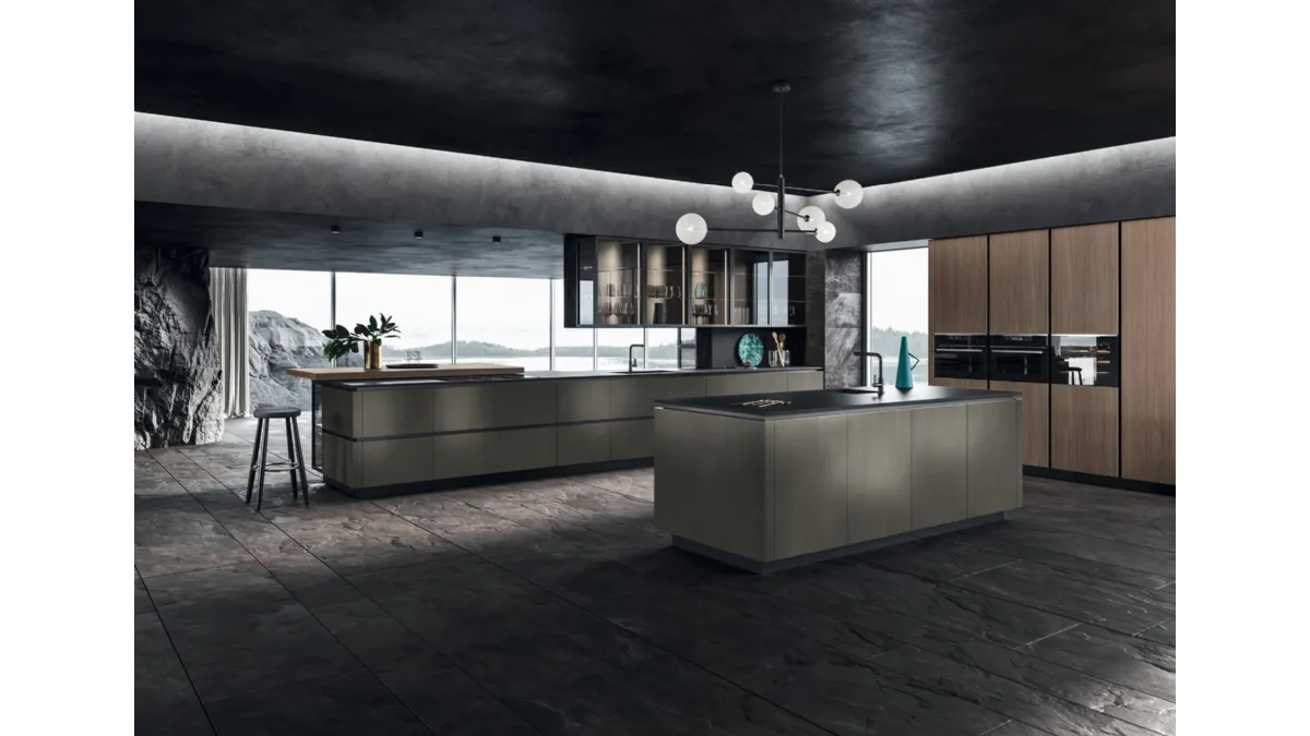 Cucina Design con isola Look in Alluminio verniciato e Olmo Visone di Snaidero