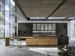 Cucina Design con isola Way Materia in gres Ossido Nero e Rovere di Snaidero